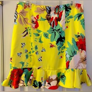 AKIRA, sz XL, Skirt, Tropical Floral Yellow/Multi, Ruffle hem, satin finish, NWT